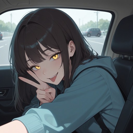 An anime-style illustration of a young woman with long dark hair and glowing yellow slit-pupil eyes sitting in the driver's seat of a car, wearing a blue hoodie and making a playful peace sign over her face while sticking out her tongue.