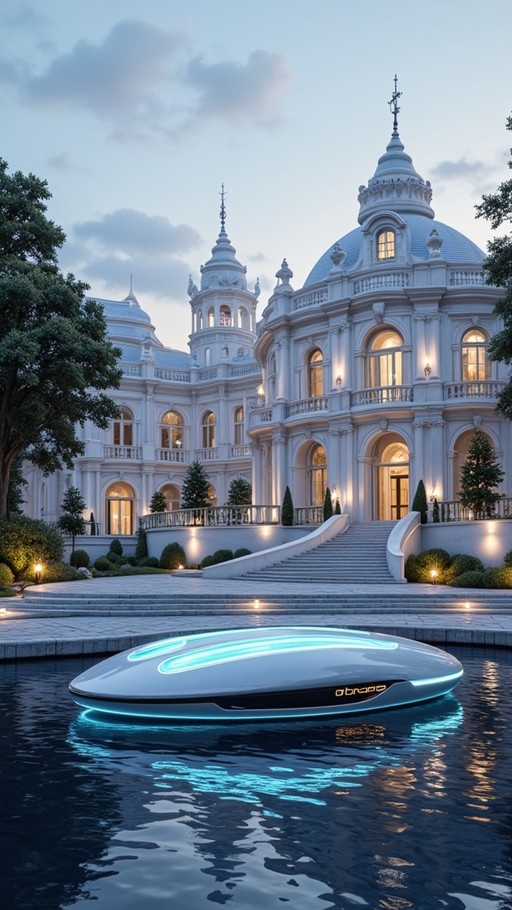 Sleek silver futuristic hovercraft with glowing cyan accents floating on dark water before an ornate white palace at twilight.