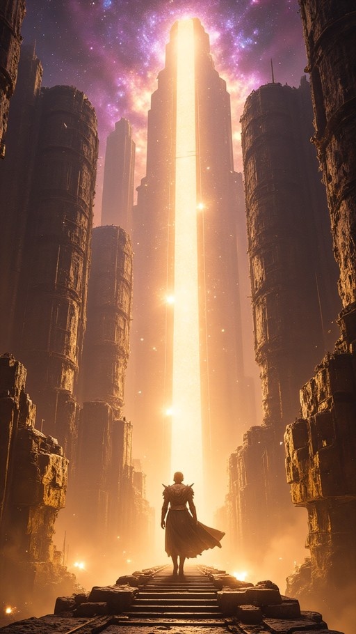 A lone armored figure stands on stone stairs facing a massive glowing golden obelisk rising through ancient ruins under a purple starry sky.