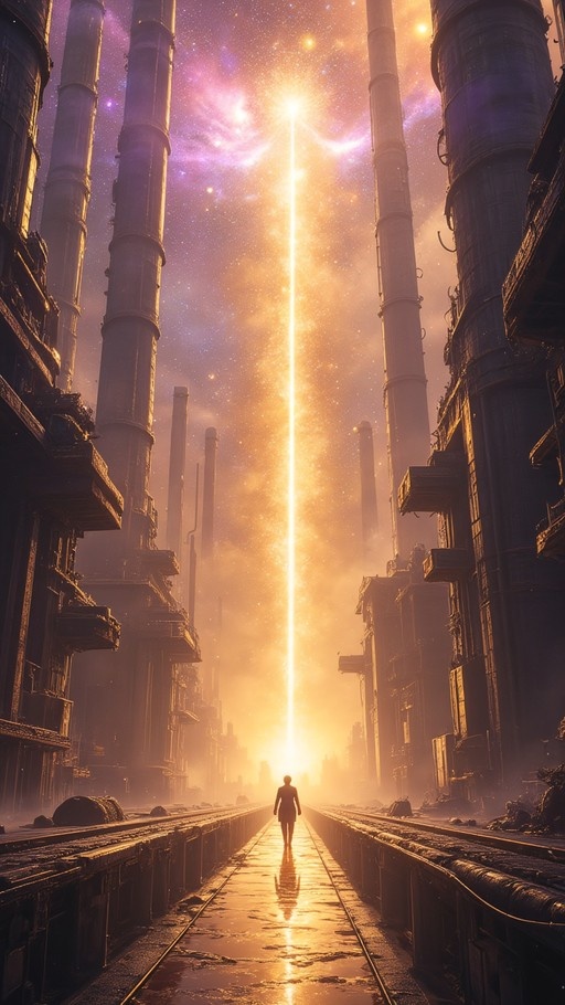 A lone figure walks down a wet path toward a massive vertical beam of golden light rising from the horizon, framed by tall dark pillars and a purple starry sky.