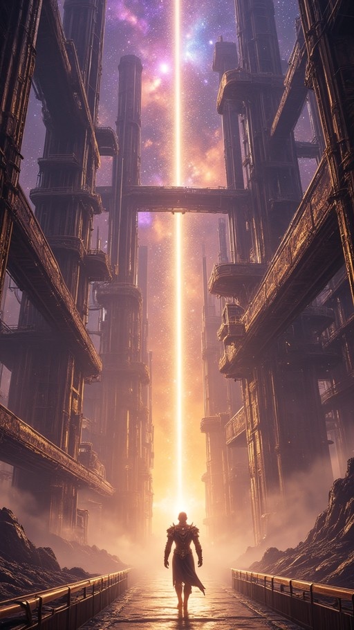A lone armored figure walks away from the viewer down a long path toward a bright vertical beam of light in a starry purple sky, flanked by tall dark structures.