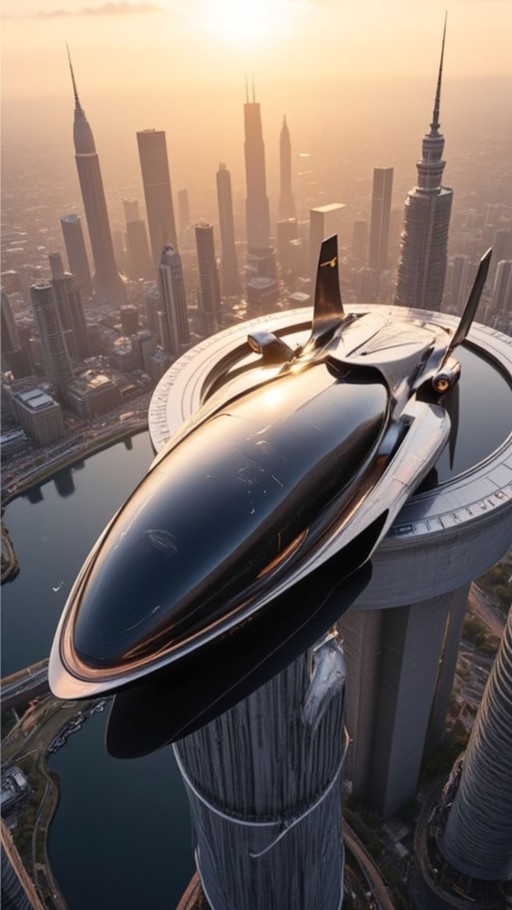 A sleek black and silver futuristic spacecraft is parked on a circular landing pad atop a tall skyscraper, with a hazy cityscape and water visible in the background during sunset.