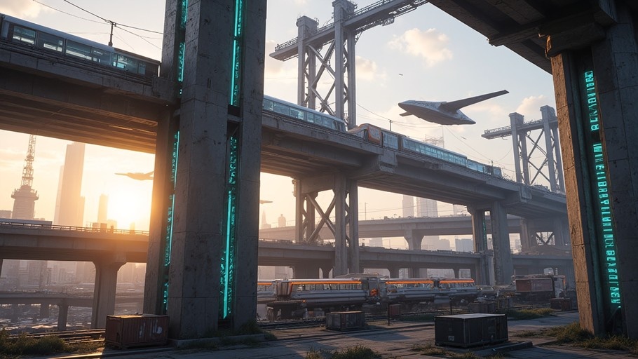 A futuristic sci-fi cityscape featuring massive concrete infrastructure with elevated train tracks carrying trains, while sleek flying vehicles soar through the sky above a sunset-lit urban horizon.