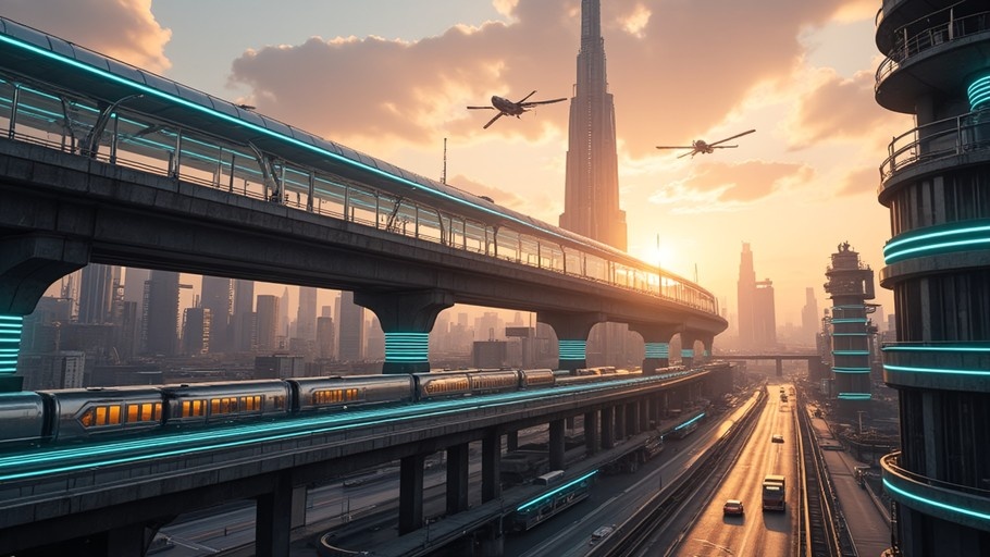 A futuristic cityscape at sunset featuring a sleek silver train on an elevated track with glowing blue neon lights, surrounded by towering skyscrapers and flying aircraft.
