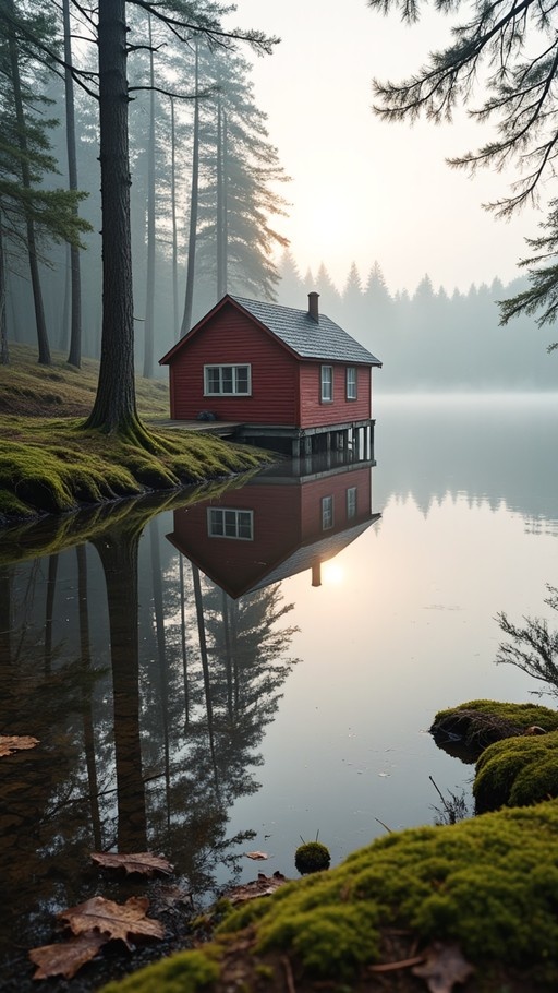 A red wooden cabin on stilts by a calm lake in a misty forest with clear reflections.