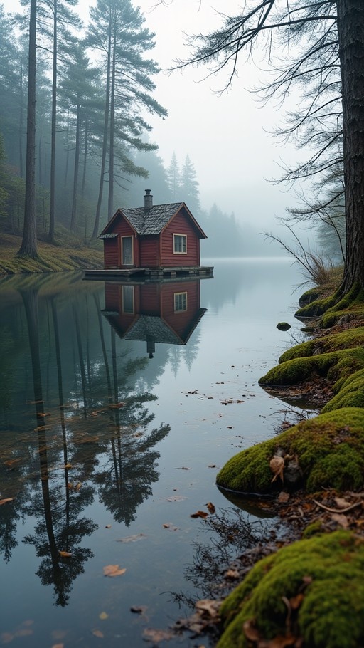 A small red wooden cabin rests on stilts over a calm lake in a misty forest, with its reflection visible in the water and moss-covered banks in the foreground.