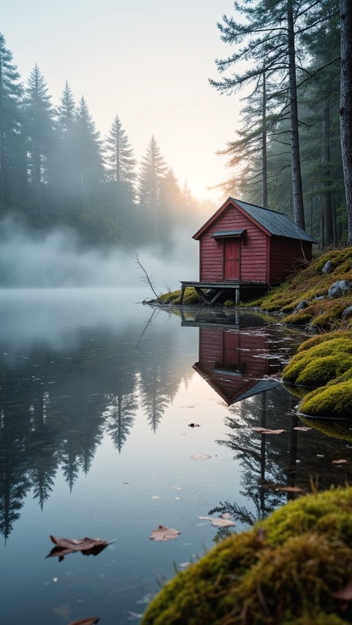 A small red wooden cabin on stilts by a calm lake with mist rising from the water and tall pine trees in the background.