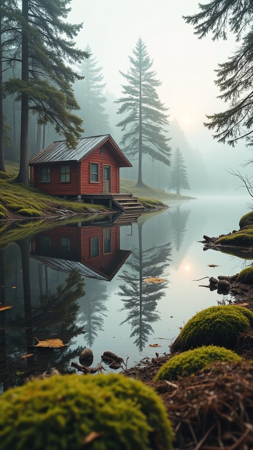 A red wooden cabin sits on a mossy bank next to a calm lake, surrounded by tall pine trees and thick morning fog, with its reflection visible in the still water.