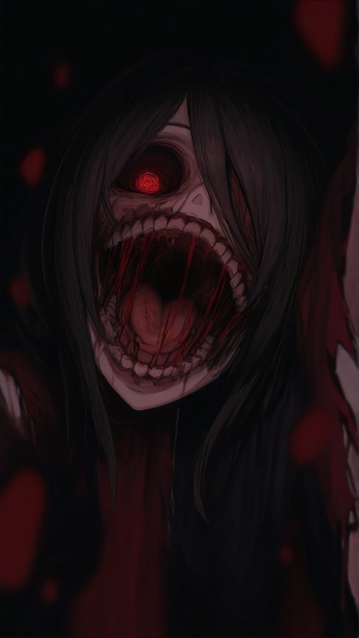Close-up of a pale anime girl with long black hair and one glowing red spiral eye, her mouth wide open in a scream revealing sharp teeth and dripping blood.