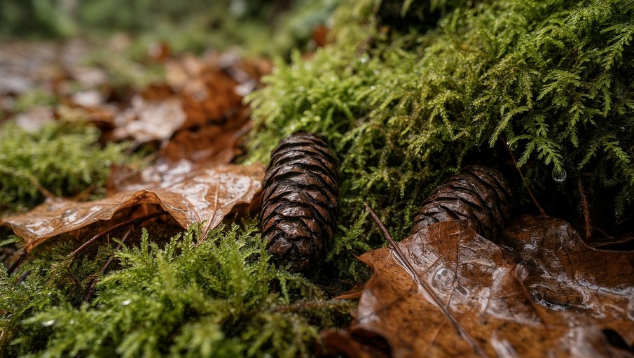 Two wet pine cones lying on green moss and brown leaves