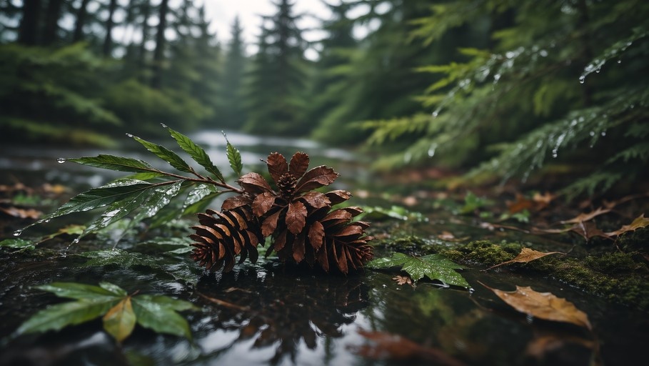 Close-up of wet pine cones and leaves resting on dark water in a misty forest setting.
