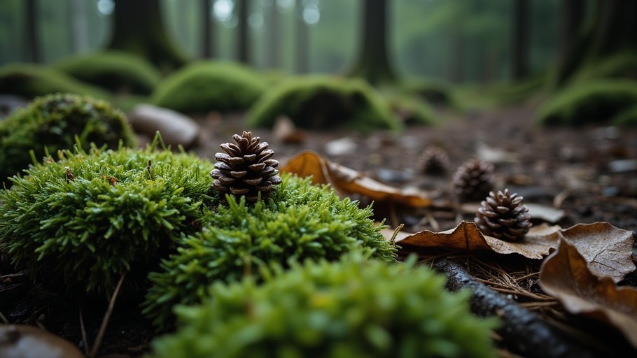 Close-up of pine cones and green moss on a forest floor with blurred trees in the background.