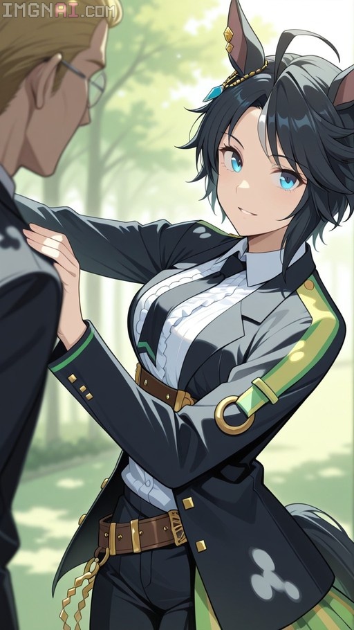 Fuji Kiseki from Umamusume adjusting a male trainer's jacket collar outdoors while smiling.