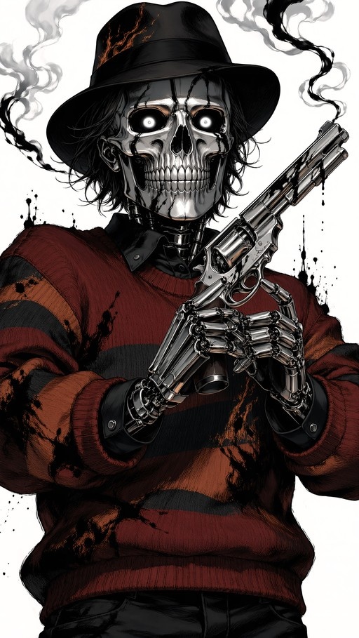 A skeletal figure with glowing eyes in a black hat and red striped sweater holds a smoking revolver.