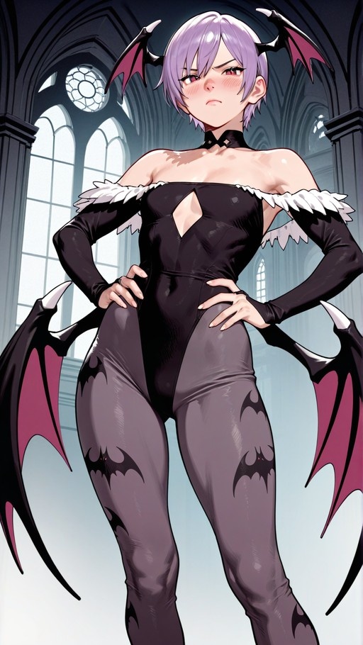 Lilith from Darkstalkers with purple hair and bat wings wearing a black leotard.