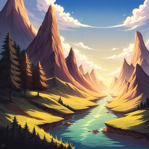 A stylized digital illustration of a golden mountain valley with a winding river, pine trees, and sharp peaks under a cloudy blue sky.
