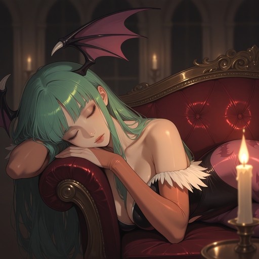 Morrigan Aensland with green hair and black bat wings sleeping on a red velvet couch in a candlelit room.