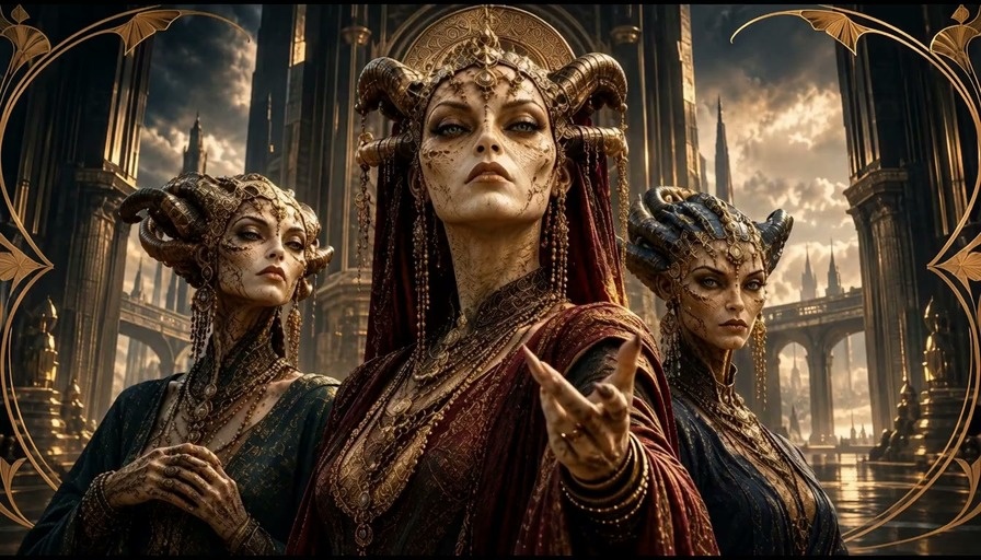 Three horned women in elaborate fantasy costumes stand before a gothic cityscape.
