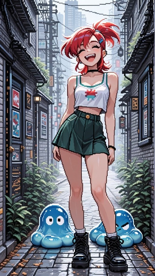Full-body pixel art of a red-haired anime girl in a green skirt and white tank top laughing in a city street with two blue slimes.