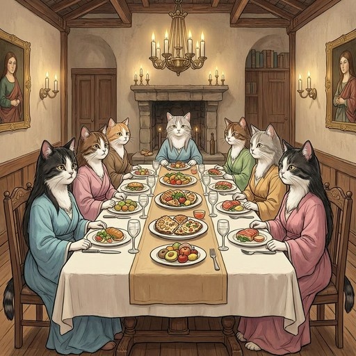 Seven anthropomorphic cats seated at a long dining table laden with food and wine, arranged in a composition resembling The Last Supper.