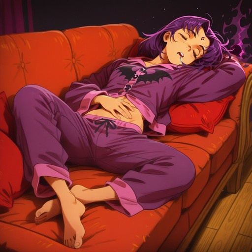 Purple-haired anime girl in purple pajamas sleeping on an orange couch with eyes closed.