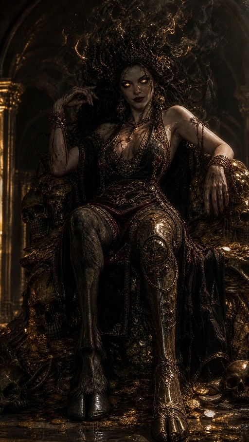 A dark fantasy demon queen with glowing yellow eyes sits on a throne of skulls and gold coins, wearing an ornate black dress and jewelry, featuring one golden armored leg and one dark hoof.