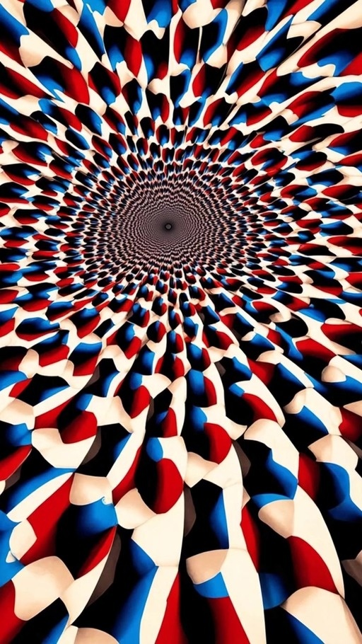 An animated abstract tunnel composed of repeating red, white, and blue geometric forms spiraling inward toward a central point.