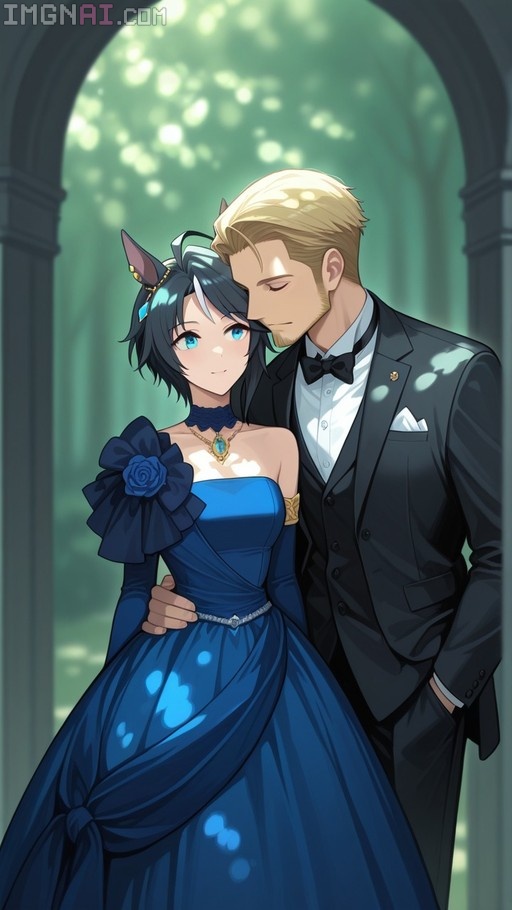 Fuji Kiseki in a blue gown and her trainer in a tuxedo embracing under an archway