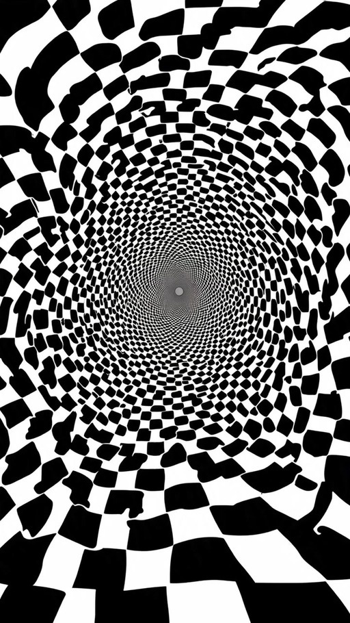 A black and white checkered pattern spirals inward to create a deep, hypnotic tunnel with a central focal point.