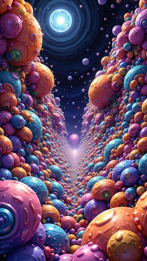 A vertical composition showing a tunnel made of many shiny, multi-colored spheres that look like eyes or small planets, stretching into the distance under a dark starry sky with a large bright blue moon.