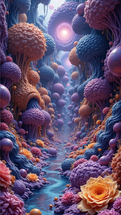 A surreal fantasy forest with purple and orange bulbous trees lining a blue stream, featuring large flowers in the foreground and a glowing light in the distance.