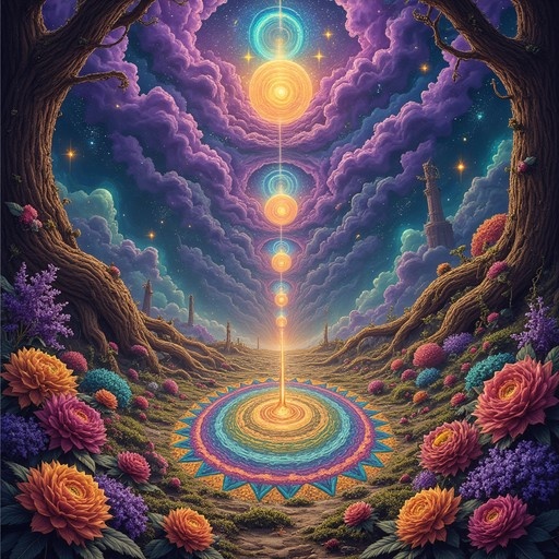 A vibrant fantasy landscape featuring a large, glowing circular portal on a path lined with colorful flowers and twisted trees under a swirling purple starry sky with vertical celestial orbs.