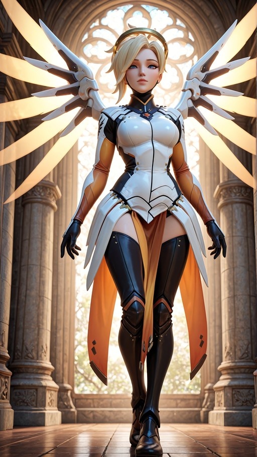 Full body shot of Mercy from Overwatch standing in a cathedral with mechanical wings spread.
