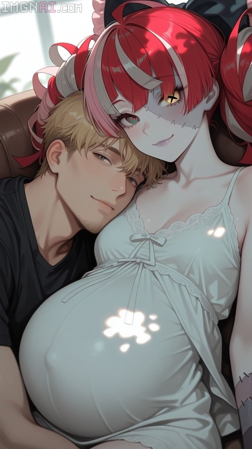 A pregnant anime woman with red hair and stitched face rests against a blonde man in a black shirt while wearing a white dress.