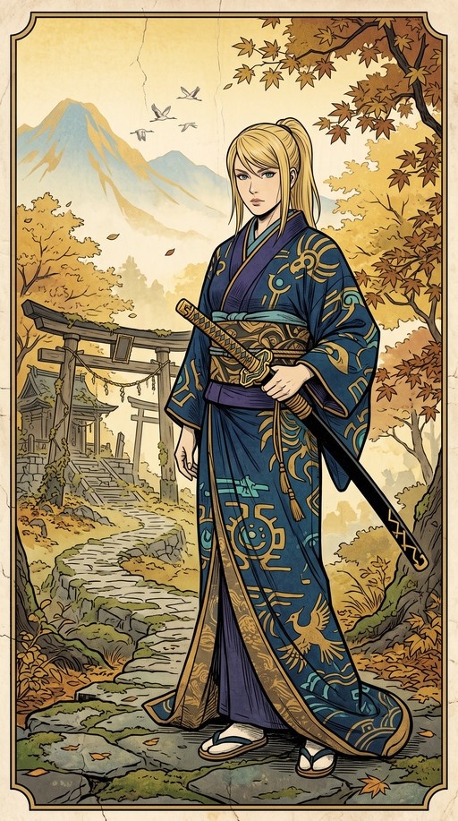 Samus Aran in a blue kimono holding a katana standing near a Torii gate with Mount Fuji in the background