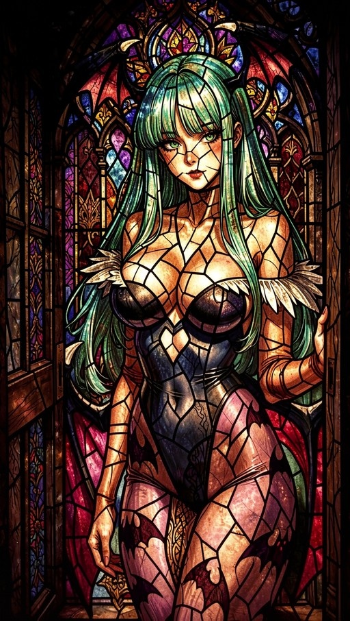A stained-glass style illustration of Morrigan Aensland with long green hair and bat wings.