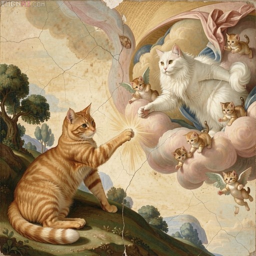 An orange tabby cat reaches its paw toward a white cat surrounded by winged kittens in a cracked classical fresco style painting.