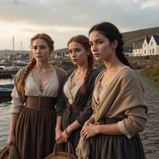 Three women in 18th-century attire stand by a harbor at sunset, watching boats return to the dock in Stornoway.