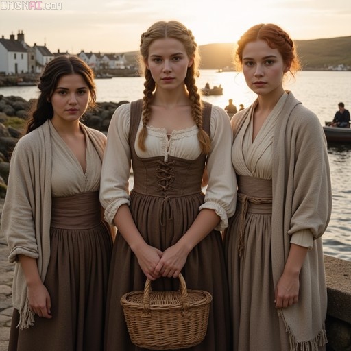 Three young women in 18th-century brown and beige dresses stand on a stone quay holding a basket, with white cottages and fishing boats visible in the harbor background at sunset.