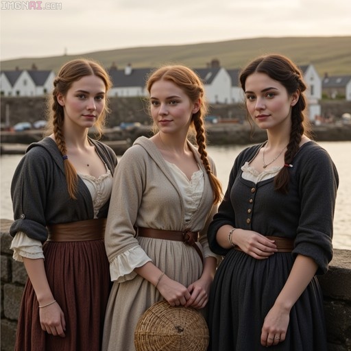 Three young women in 18th-century dress stand on a stone harbor wall at sunset, with white cottages and hills in the background.