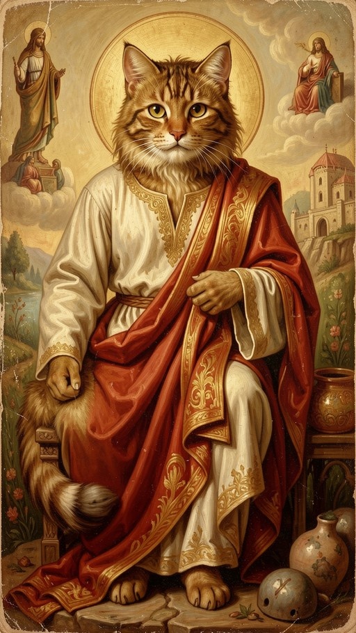 A full-body digital painting of a fluffy tabby cat sitting upright like a saint, wearing ornate red and white robes with gold embroidery and a large golden halo behind its head.