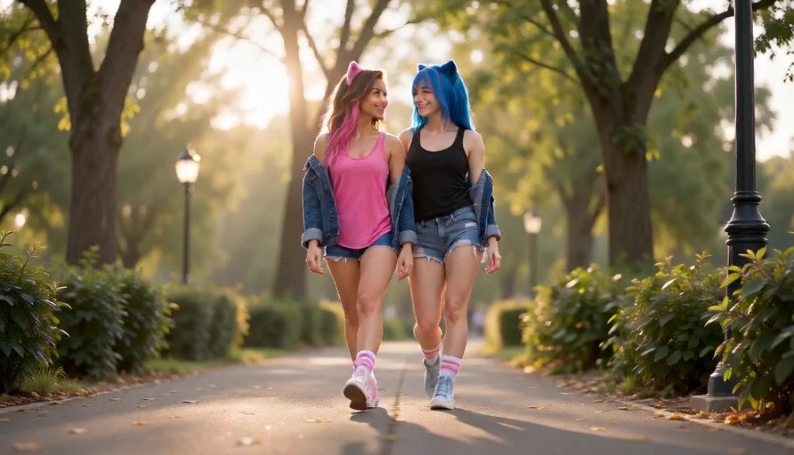 Two young women with pink and blue cat ears walk down a park path and meet a muscular anthropomorphic cat in armor who offers them a rose.