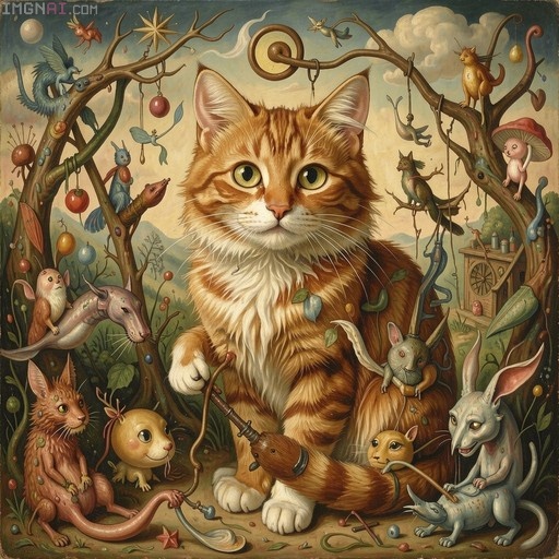 A large orange tabby cat sits among strange mice and birds in a surreal forest painting.