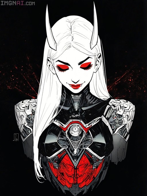 Digital illustration of a white-haired cyborg demon girl with horns, closed red eyes, fangs, and exposed mechanical torso against a black background.