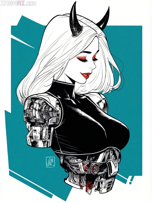 Digital illustration of a smiling female android with white hair and black horns, wearing a black top that exposes her mechanical torso and arms against a teal background.