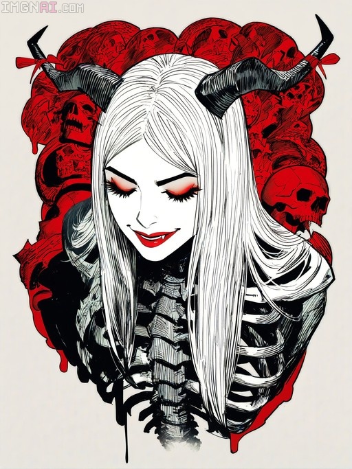 A stylized illustration of a pale woman with long white hair and black horns, featuring closed eyes, red makeup, and fangs, set against a background of red skulls with her skeletal torso visible.