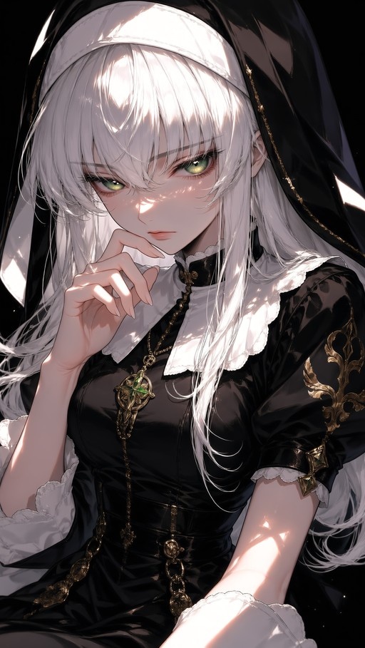 A digital illustration of a nun with long white hair and green eyes wearing a black habit and veil, looking at the viewer.