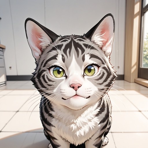 A close-up digital illustration of a grey and white tabby cat with large green eyes sitting on a tiled floor indoors near a window.