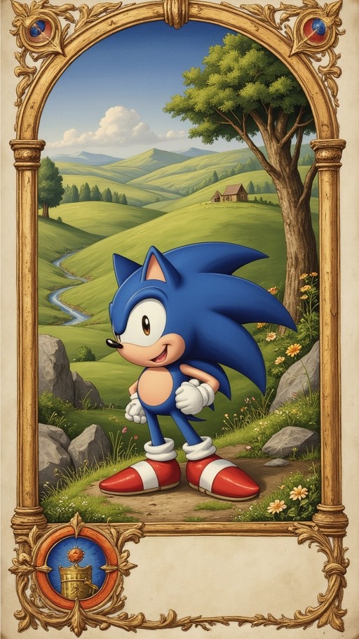 Sonic the Hedgehog standing in an ornate golden frame with a green valley background.