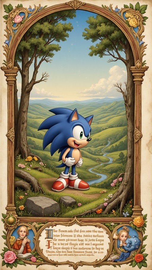 Sonic the Hedgehog stands smiling on a grassy hill within an ornate floral frame, overlooking a landscape of green valleys and a winding river.